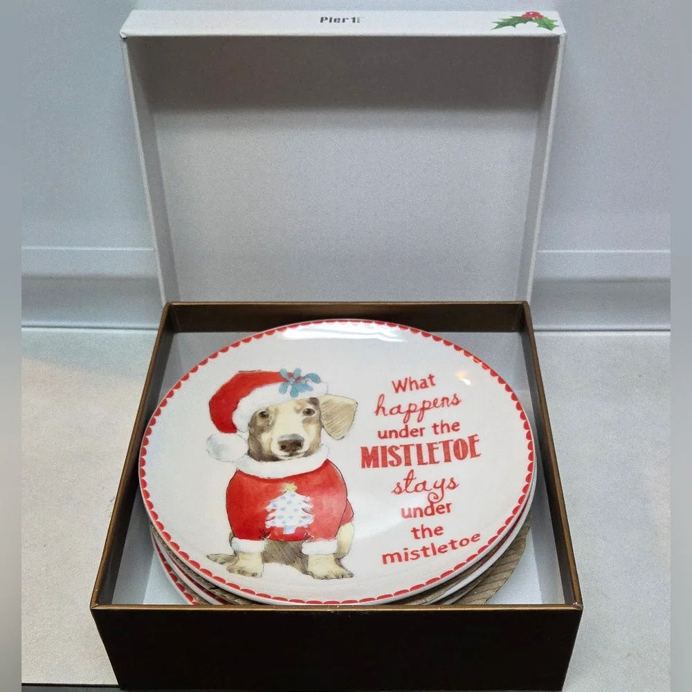 Christmas Reindeer Mistletoe Appetizer Plate Set of 4 Pier 1 Imports Boxed New